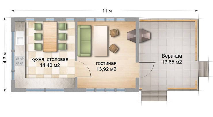 Комплект каркаса Садовый домик с террасой, 42 кв.м